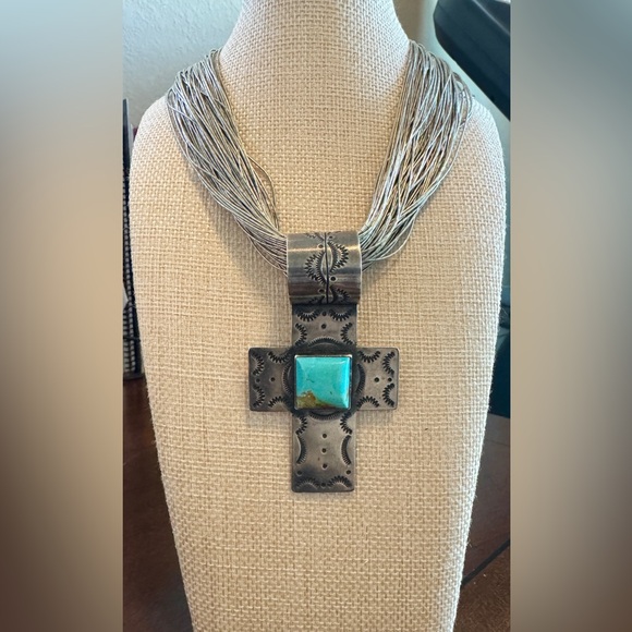 Rocki Gorman Sterling Silver Turquoise Cross Pendant W/ Liquid Silver Necklace - Picture 1 of 9